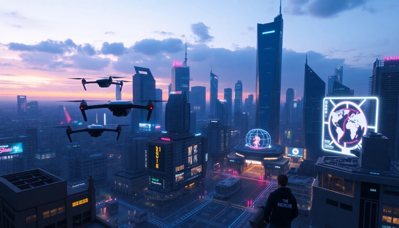 Showcasing technology in a modern city with glowing drones and holograms against a twilight backdrop.