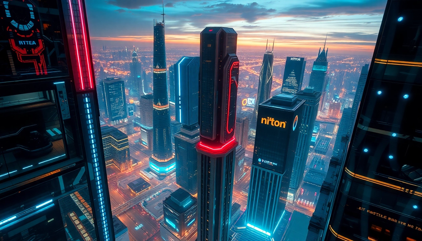 A vibrant urban landscape representing technology with illuminated skyscrapers and advanced design elements.