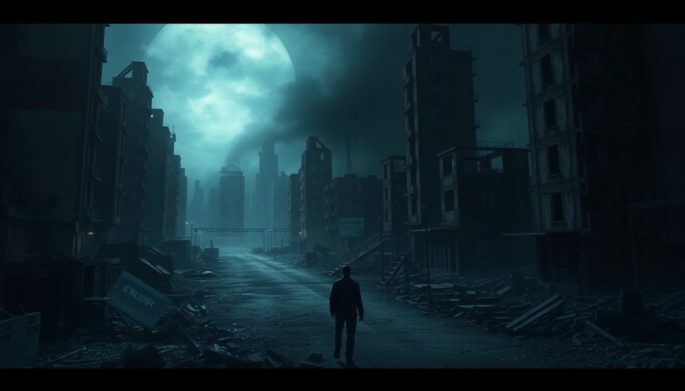Dynamic scene showing a character from "одни из нас 1 сезон смотреть онлайн" amid ruins in a post-apocalyptic setting.