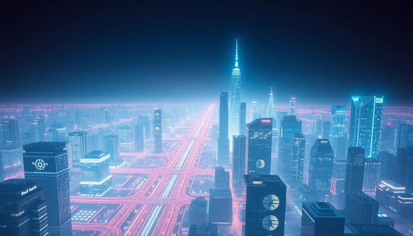 Technology illustrated through a futuristic city skyline with sleek design and soft neon lights.