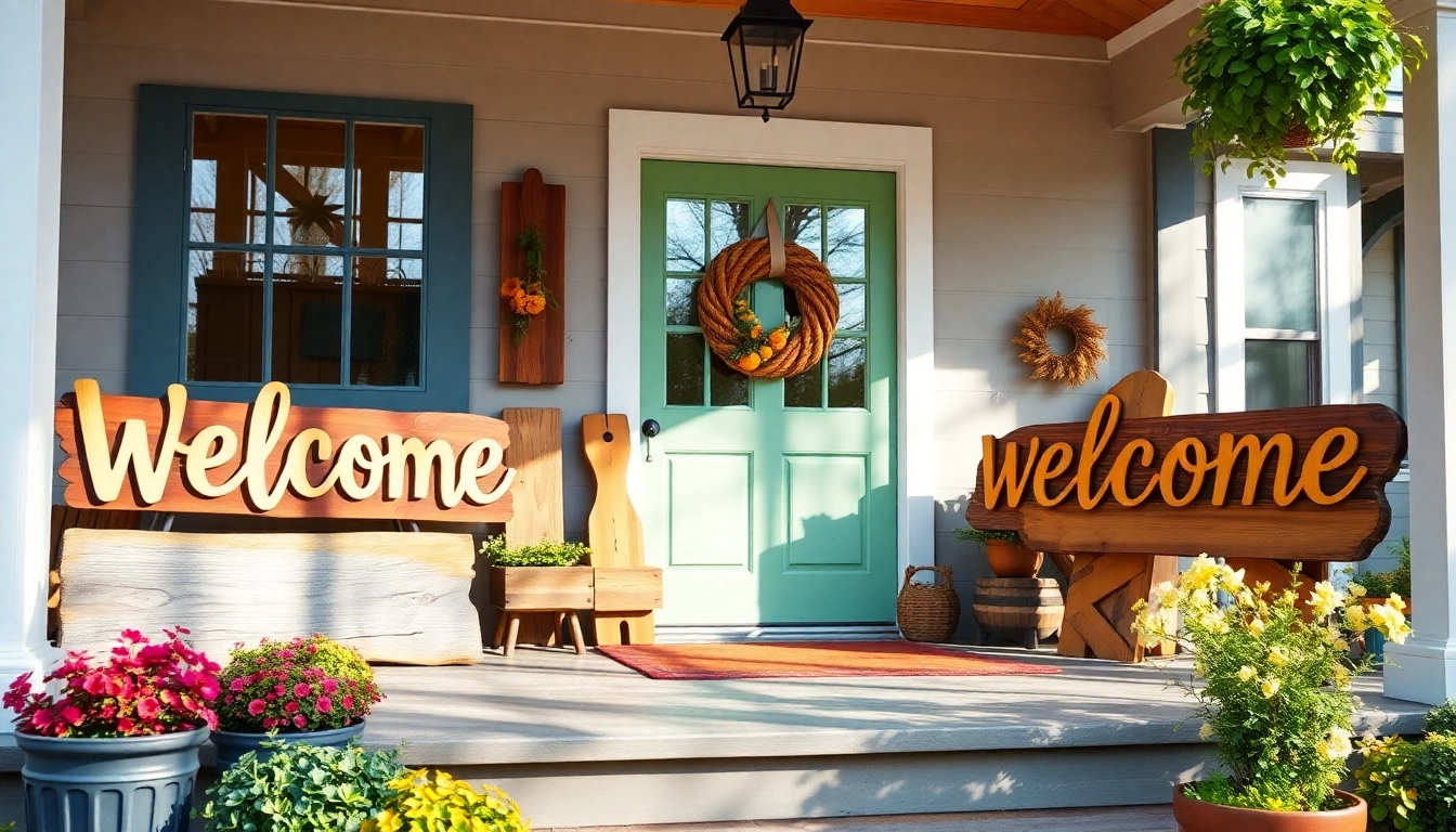 Beautiful wooden welcome signs hanging on a porch door, enhancing curb appeal and greeting guests warmly.