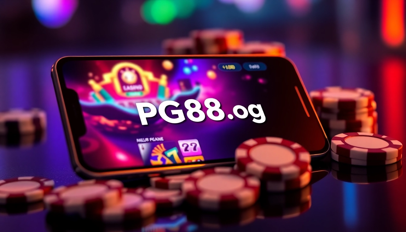 Online casino platform https://pg88.gg/ showcased on a modern laptop with colorful elements, emphasizing gaming excitement and user engagement for accessible gambling experience.