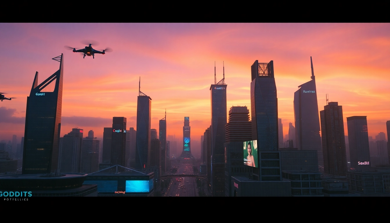 Innovative technology transforms the urban landscape with glowing skyscrapers and flying drones.