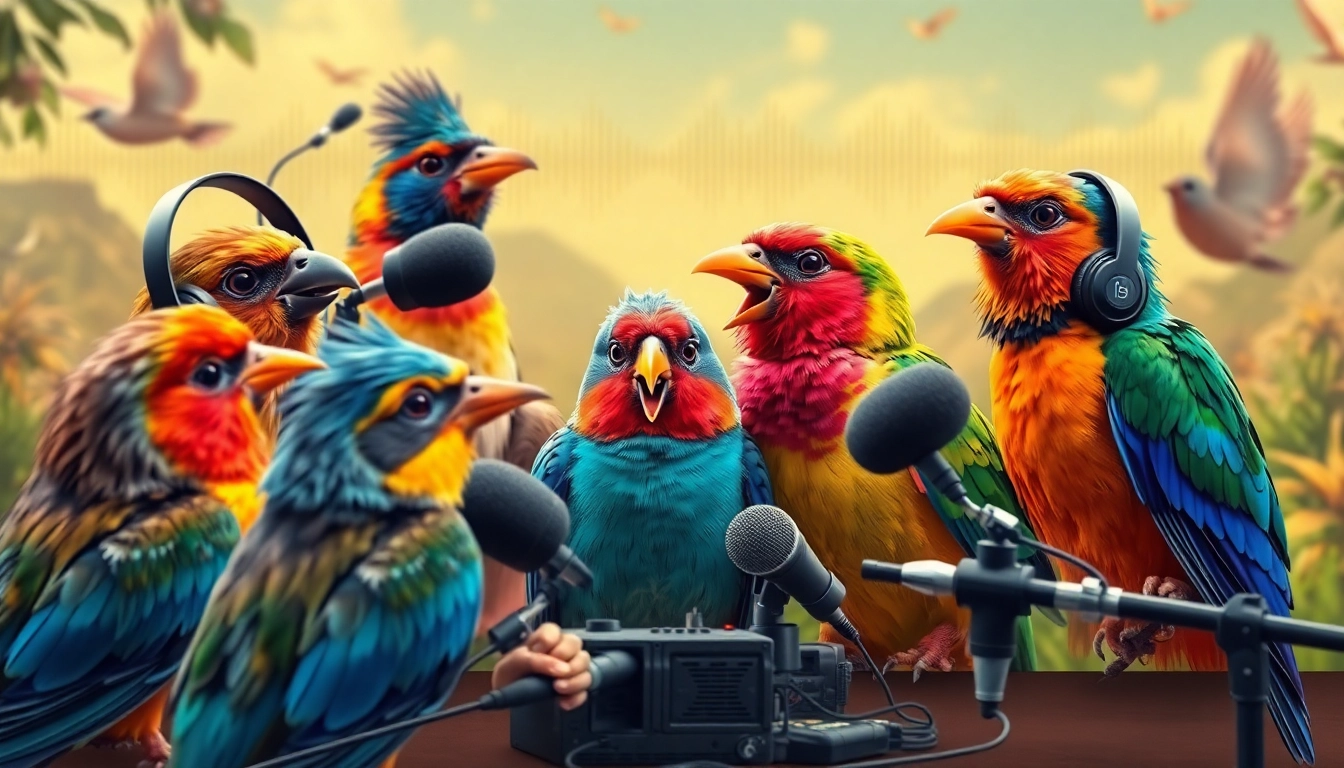 Bird Talk Radio hosts with microphones and birds in a cozy, nature-inspired studio setup, emphasizing wildlife conversation and radio broadcasting.