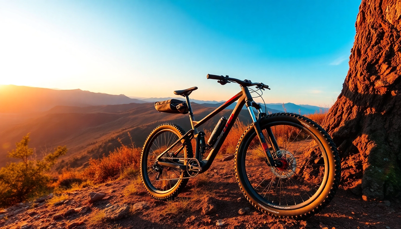 Trek mountain bike on rugged trail in lush landscape, inspiring outdoor adventure and cycling enthusiasm