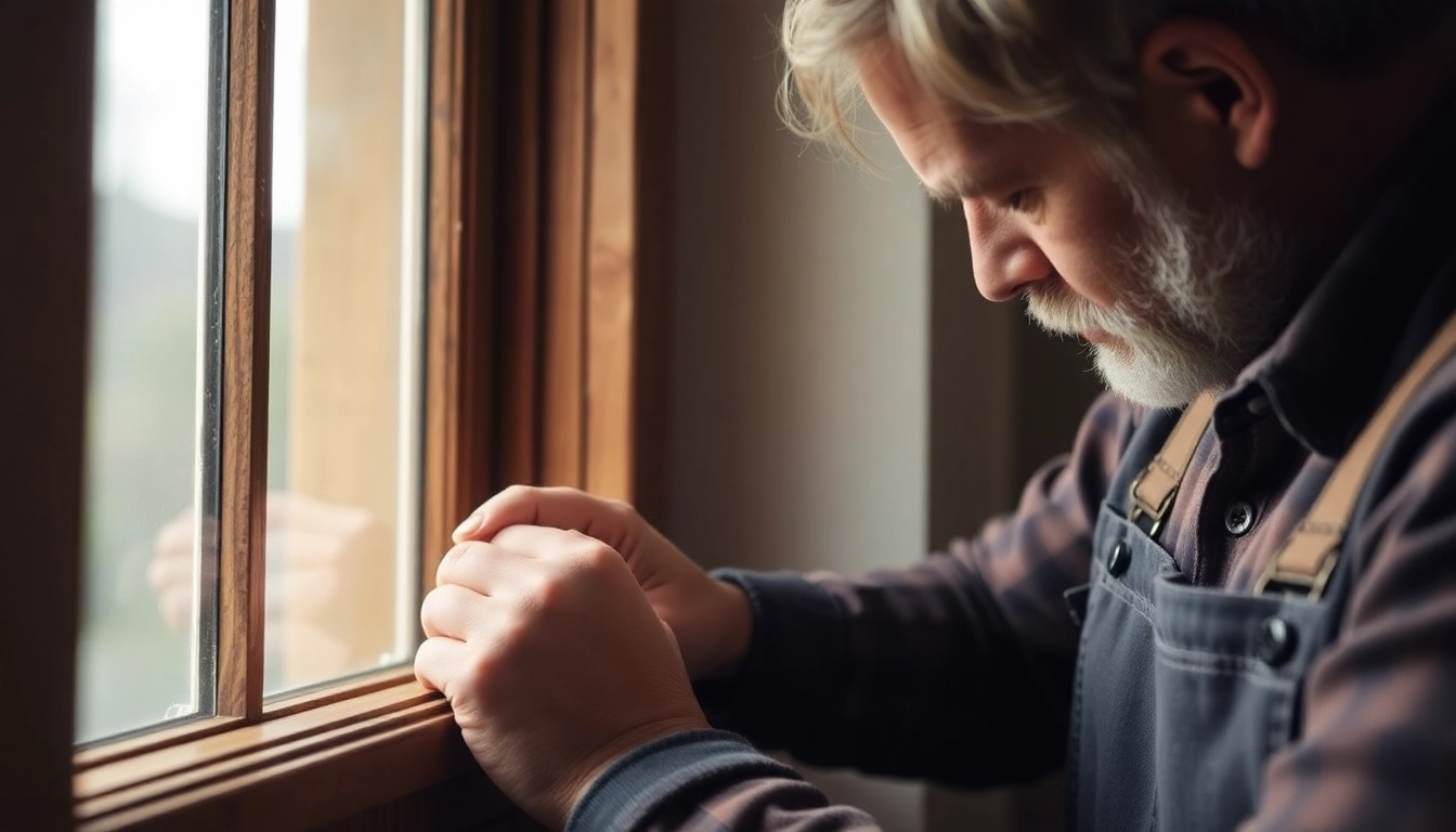 Professional sash window repair showing a craftsman working on a wooden sash window with tools, highlighting restoration and craftsmanship.
