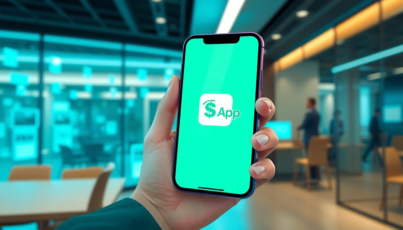 Person holding smartphone with Cash App logo in a modern office setting
