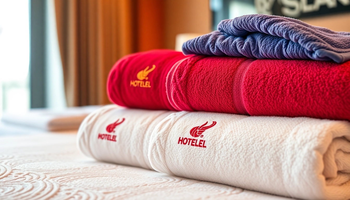 Hotel Towel supplier showcasing customized embroidered towels in an upscale hotel setting, emphasizing quality and branding.