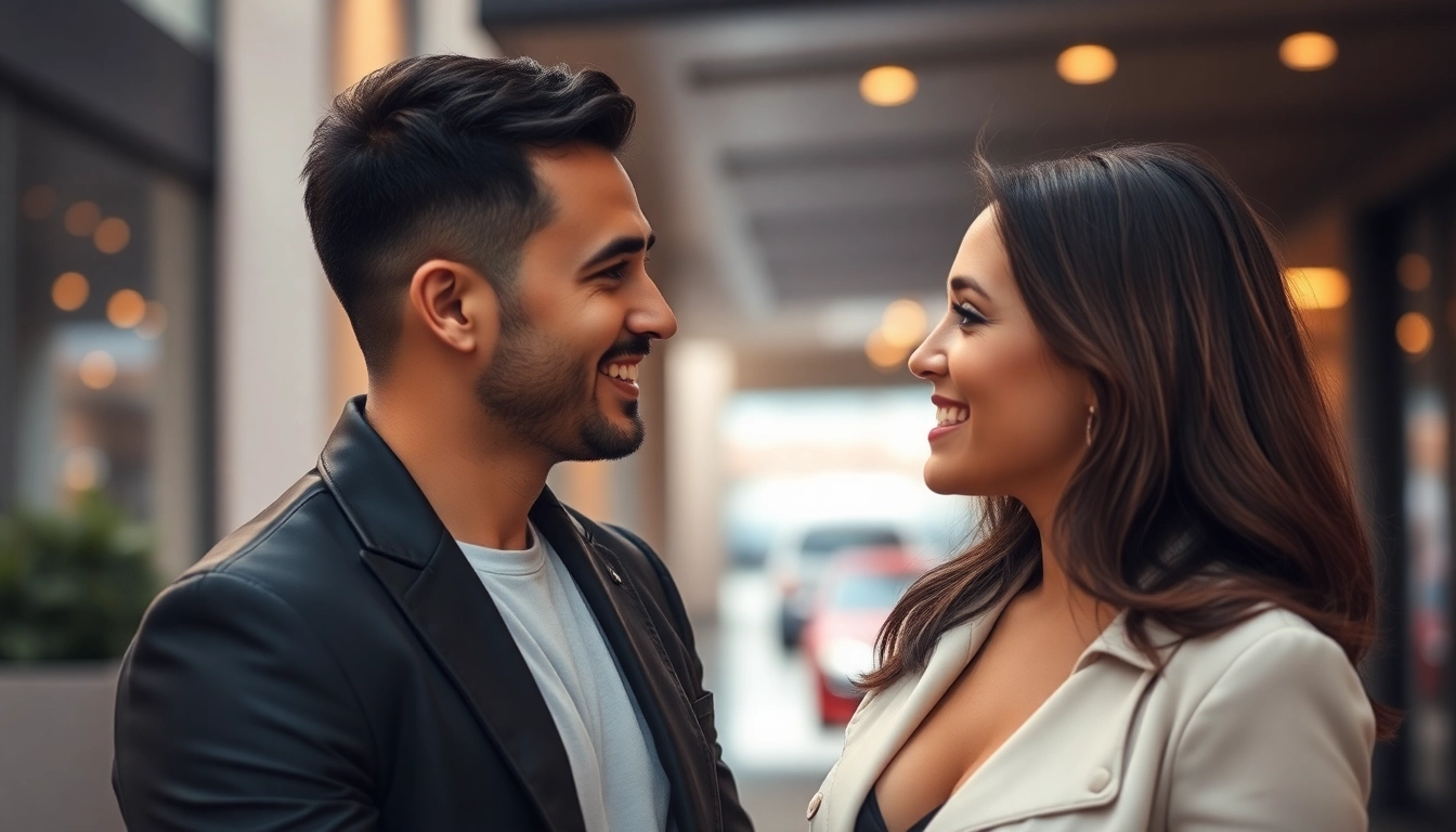 Plan cul scene showing attractive couple sharing intimate moment on city street for adult