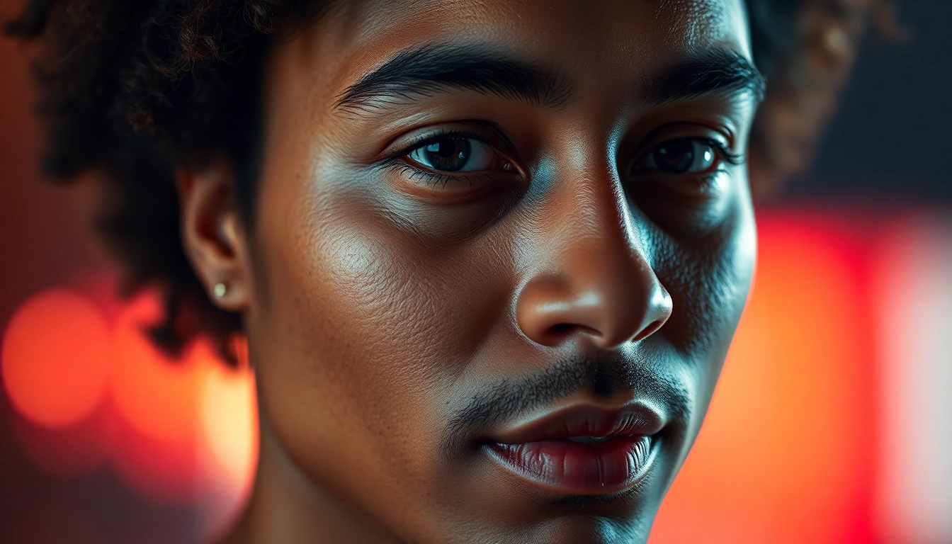 Professional image editing software enhances a photorealistic portrait with natural lighting