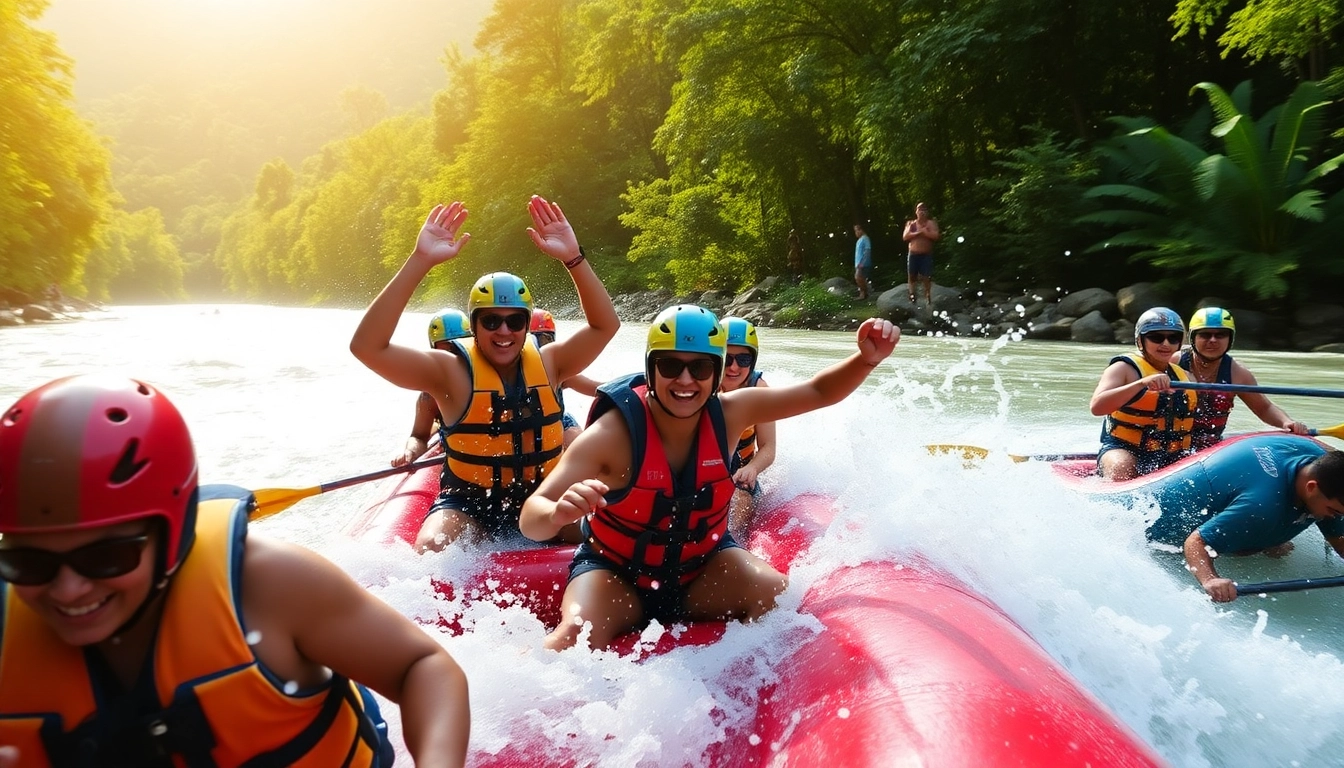 Dandeli River Rafting in progress with adventurers navigating rapids amidst greenery and