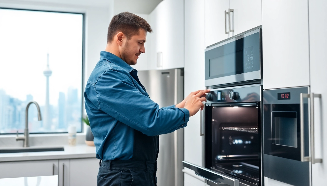 Skilled appliance repair Toronto technician fixing washing machine in a modern kitchen setting