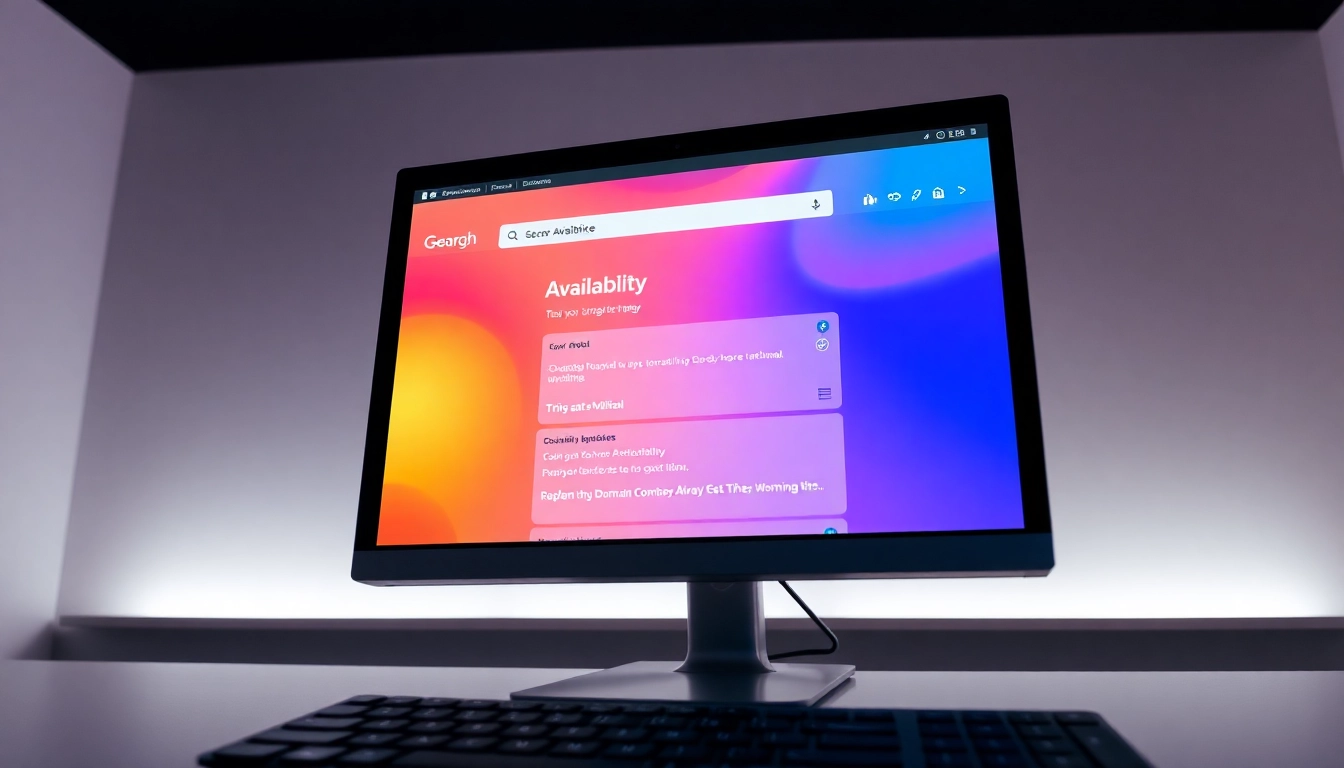 Illustration of a person checking domain availability on a sleek computer interface to find the