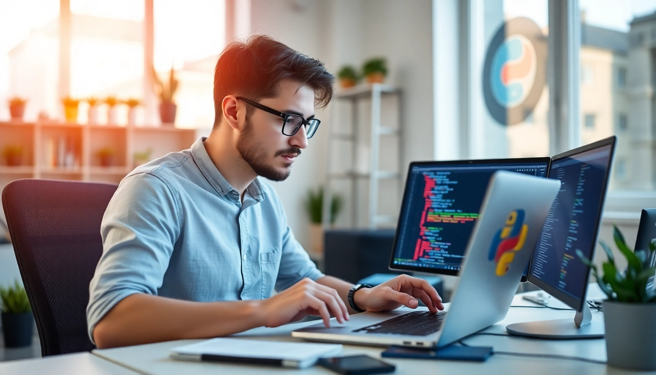 Python freelance developer coding remotely in a bright, modern workspace with tech tools,