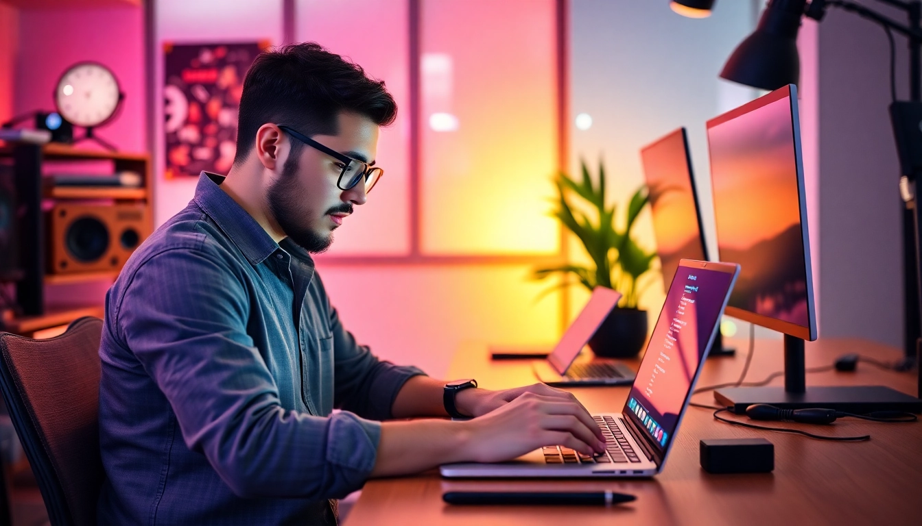 Python freelance programmer working remotely on a laptop in a modern office setting