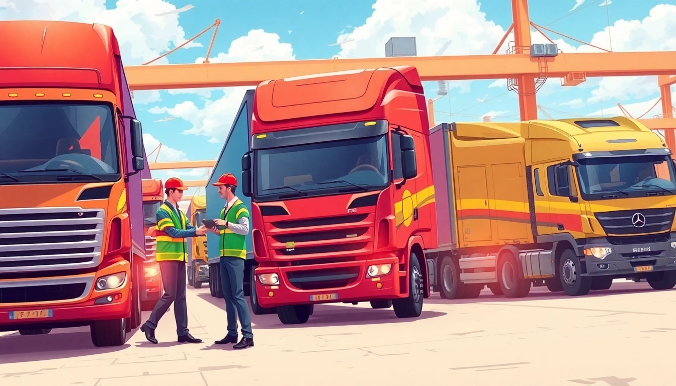 Truckers coordinating logistics at a busy freight yard to optimize delivery efficiency