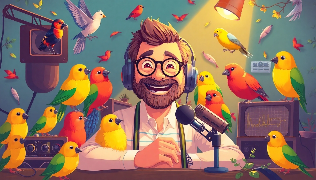 Bird Talk Radio hosts engaging with colorful birds and broadcast gear in a lively studio environment