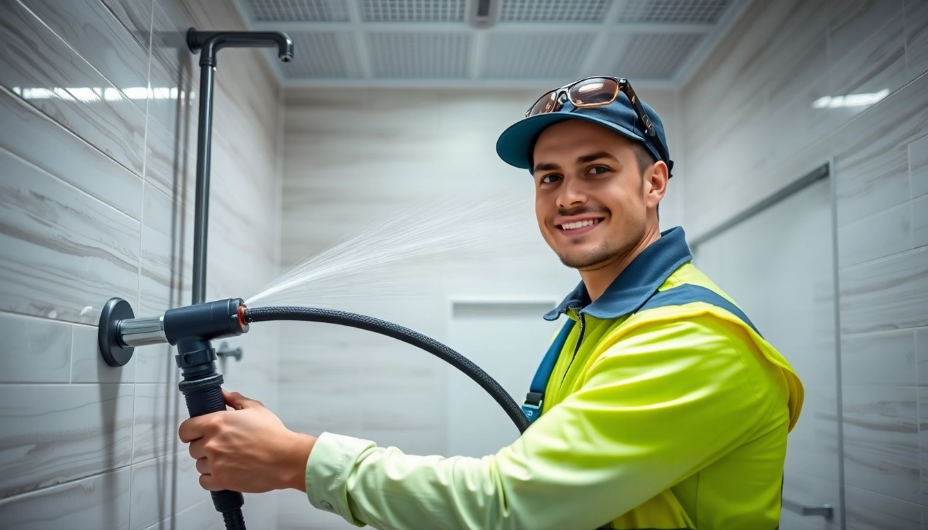 Efficient service by professional technician cleaning a clogged toilet with specialized