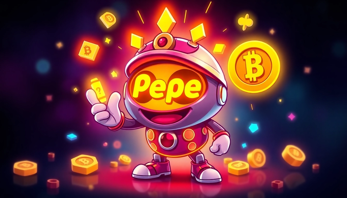 Pepe Coin featured prominently in a dynamic crypto gambling scene with blockchain motifs for