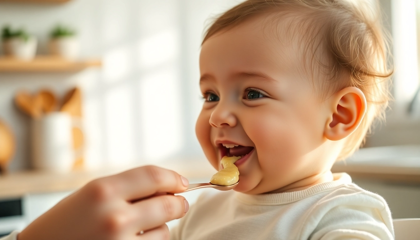 Baby enjoying alimentazione naturale per svezzamento bambini with healthy food and silicone