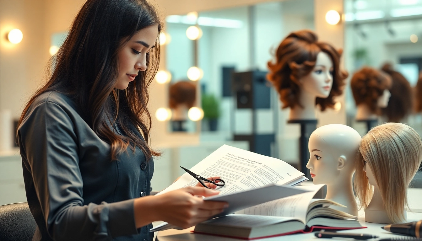 A hairstylist reviewing hair cutting textbooks to improve styling skills and techniques