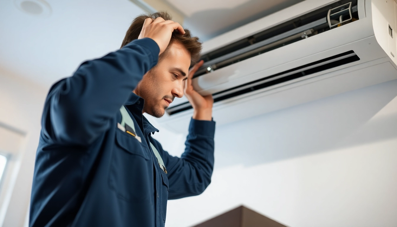 Skilled repairing air conditioning unit with tools in a clean, modern setting for optimal cooling