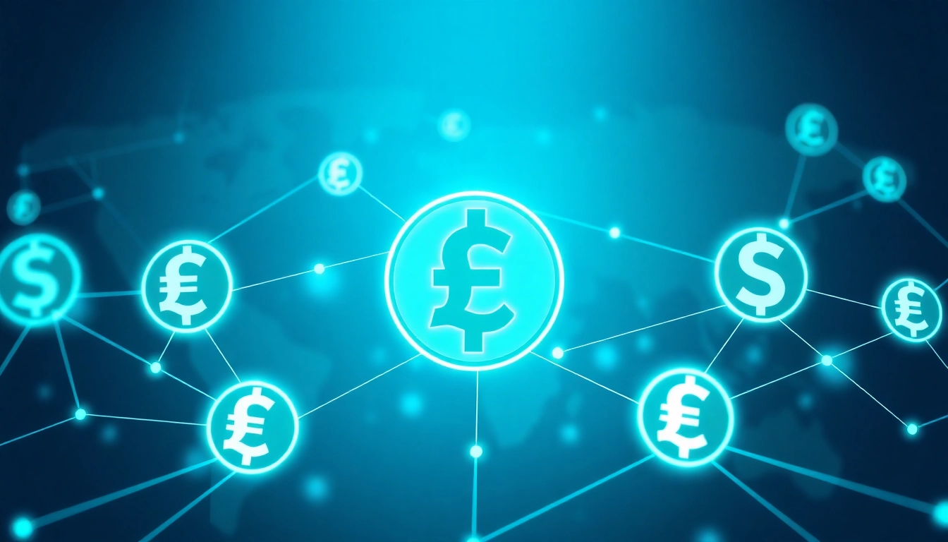 Illustration of digital currency symbols linked worldwide, depicting stablecoin-to-fiat