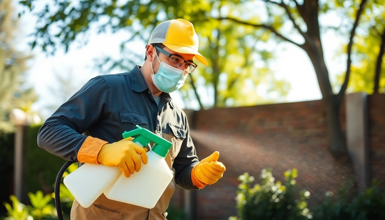 Experienced pest control service technician applying eco-friendly pest treatment outdoors to