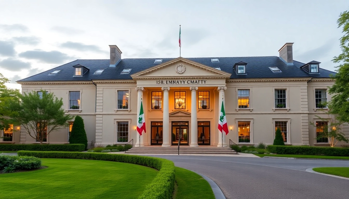 Embassy Of Ireland building with flags and welcoming entrance, representing Irish diplomatic