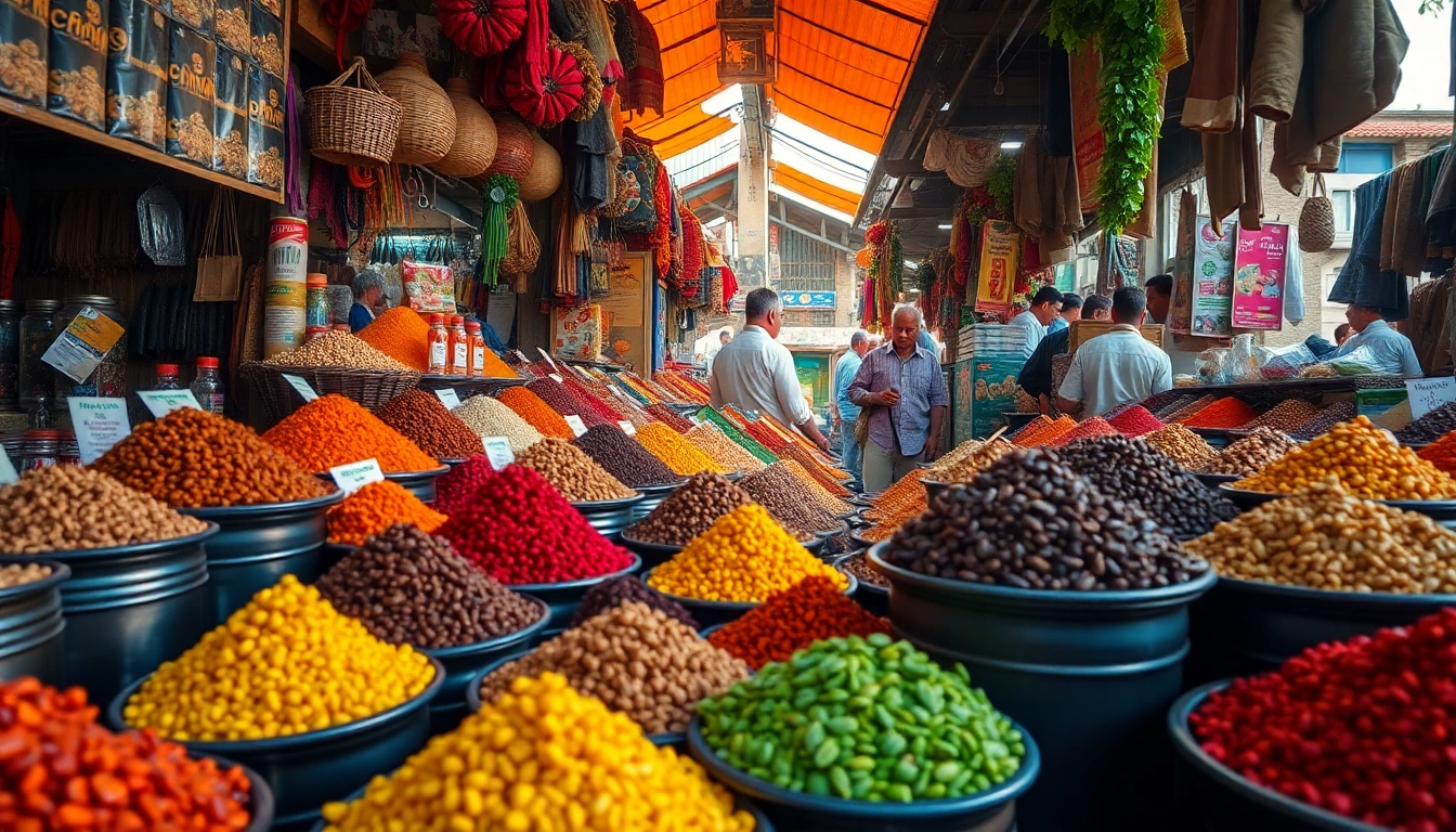 Wholesalers showcasing vibrant spice selections at a busy market with bright colors and