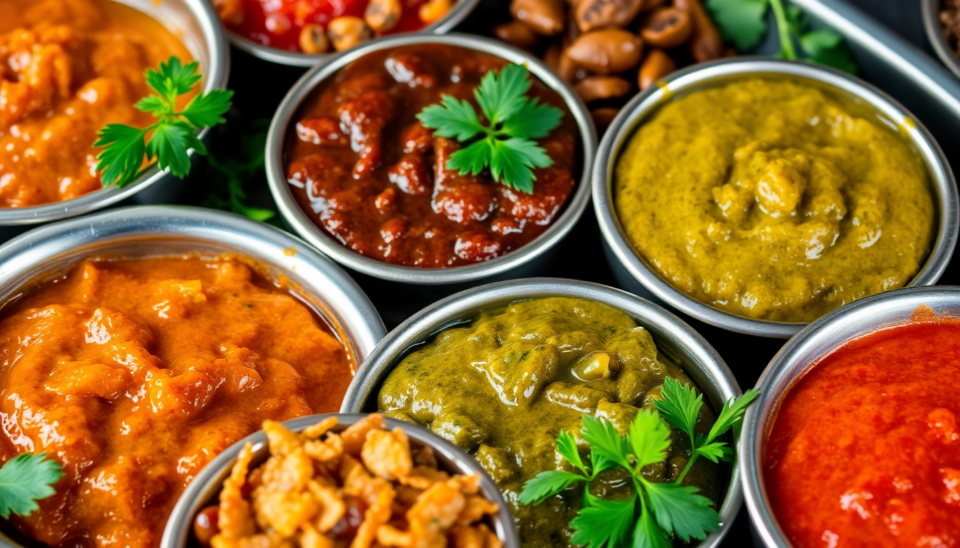 Assorted cooking pastes and chutneys including garlic, ginger, green chili, red chili, and