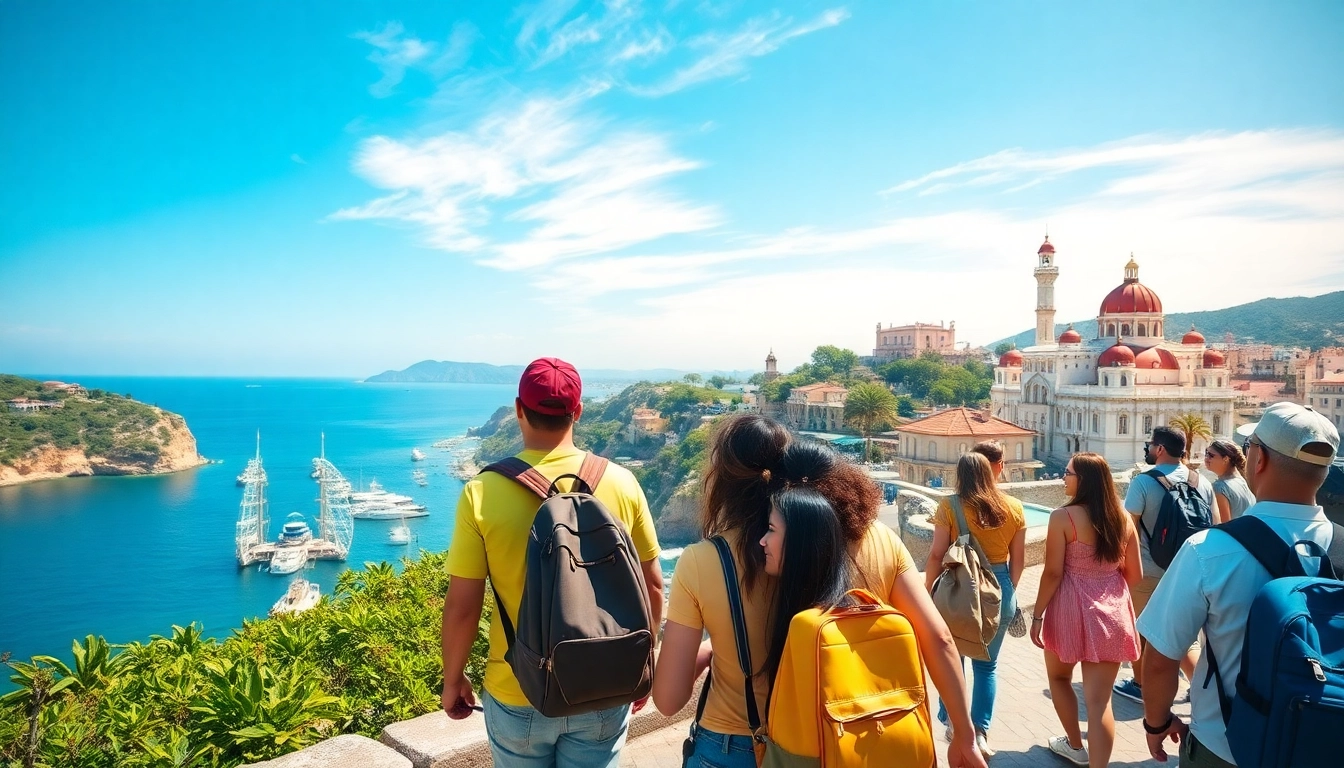 Travelers exploring a scenic coastal area with vibrant landscapes and iconic landmarks,