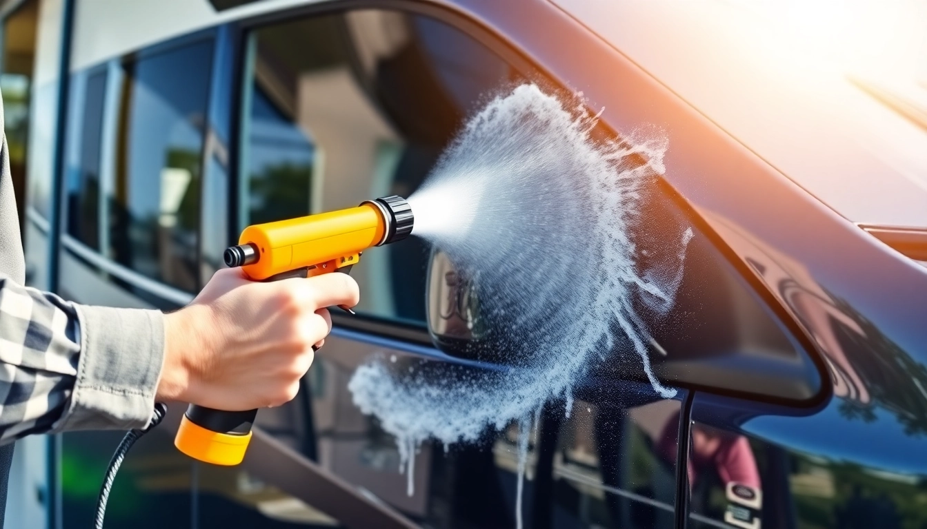Professional applying Wohnmobilreiniger with foam gun to a clean motorhome outdoors for deep