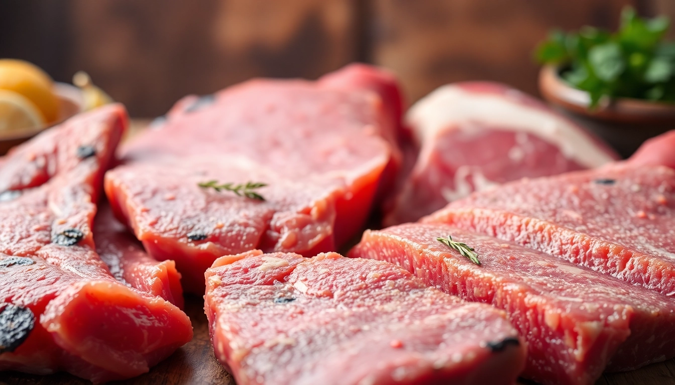 Fresh high-quality meat cuts ready for cooking shown in an authentic butcher setting,